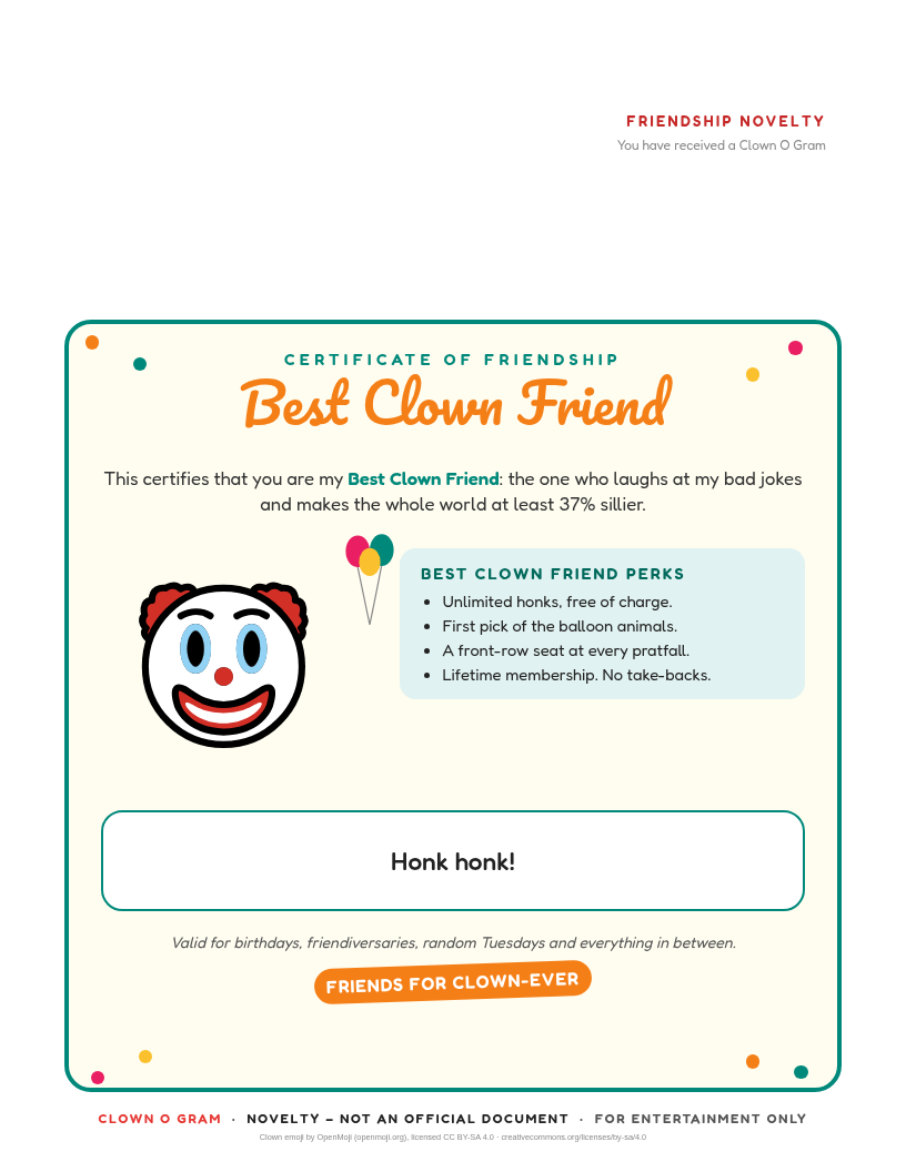 Certified Best Clown Friend certificate