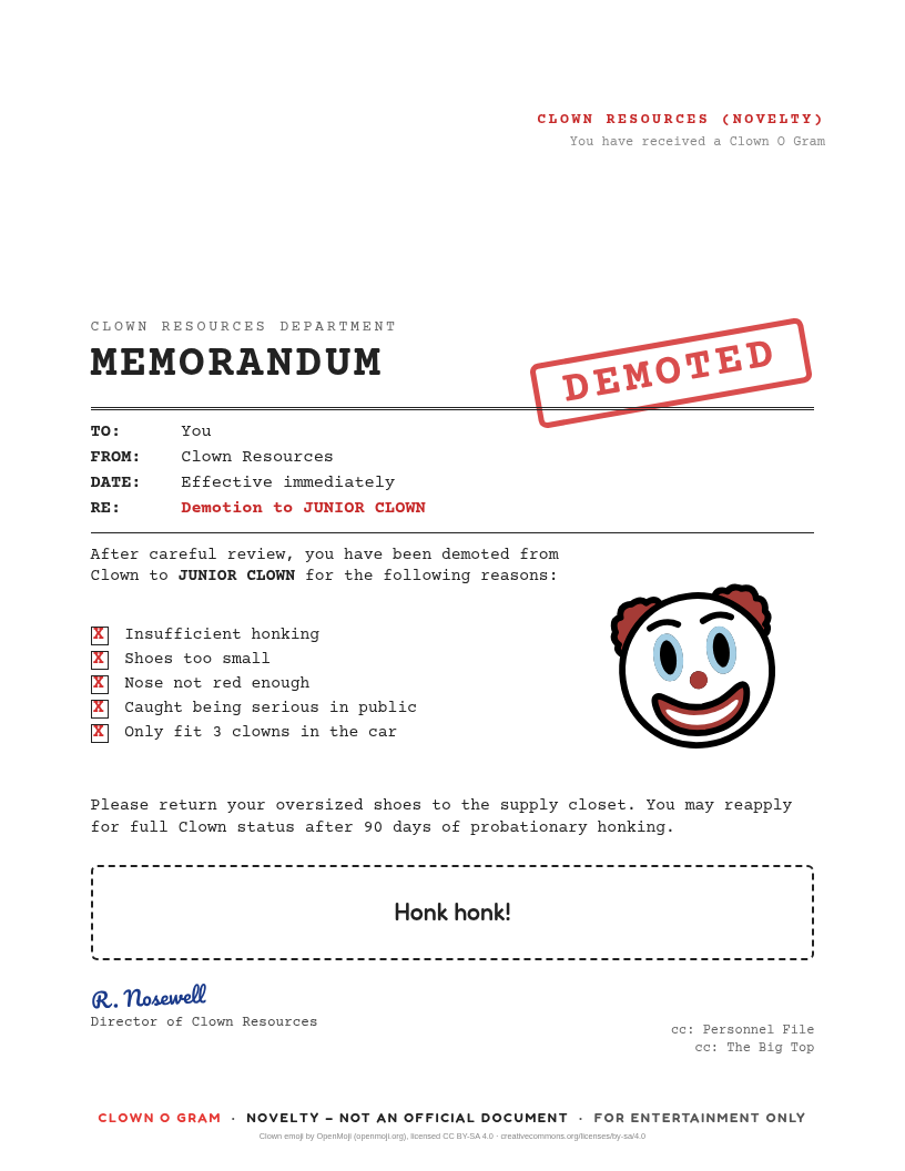 HR memo: You've been demoted to Junior Clown