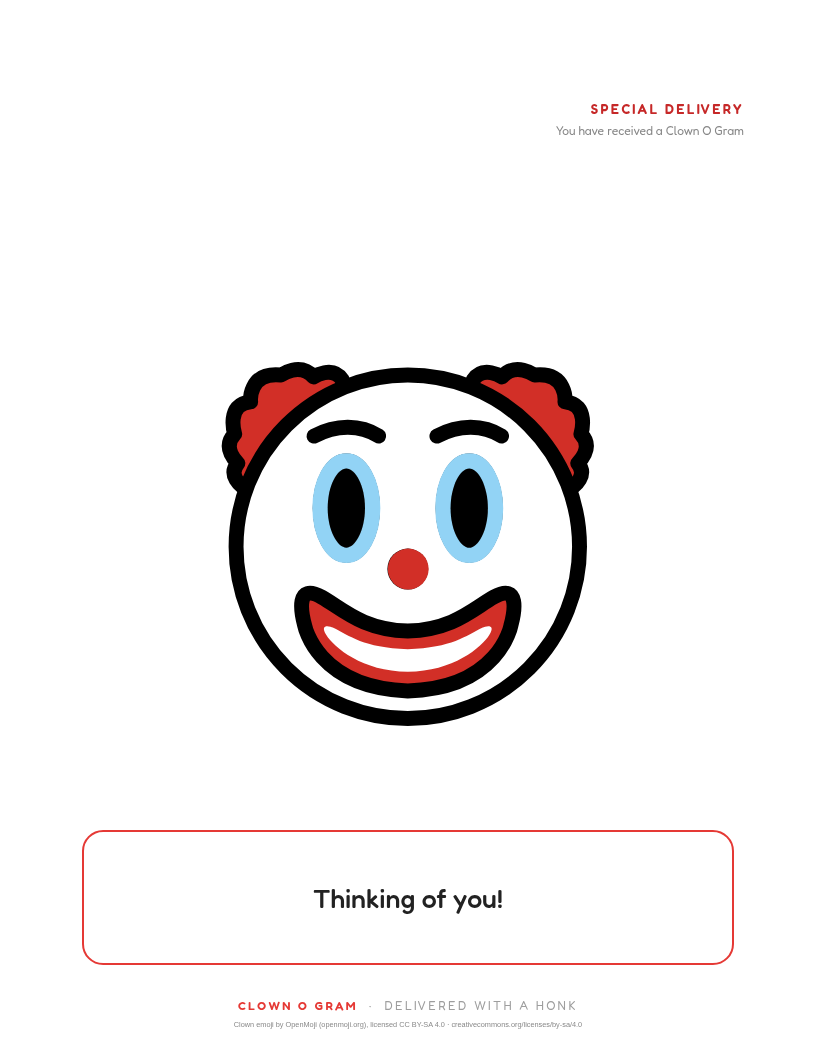 Sample Clown O Gram letter: a full-page clown emoji with the message 'Thinking of you!'