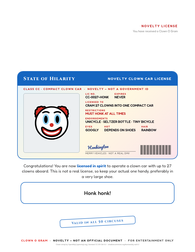 Clown Car Driver's License: licensed to cram 27 clowns into a compact car