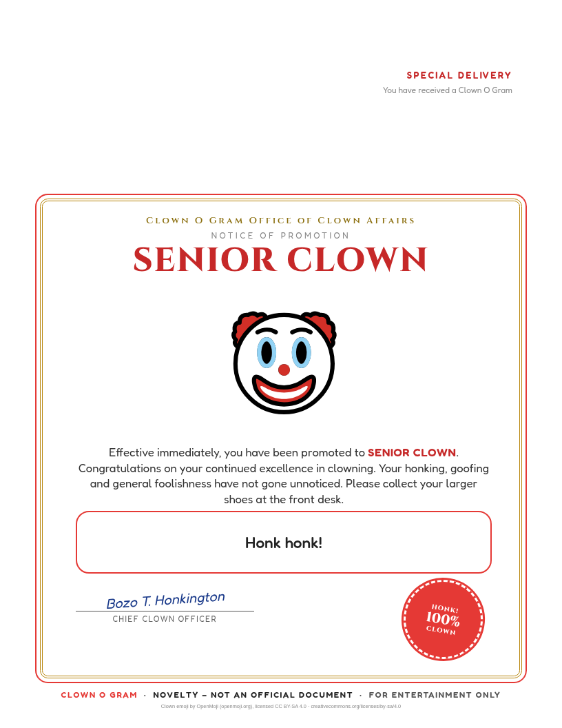 Promoted to Senior Clown: an official-looking promotion certificate with a clown